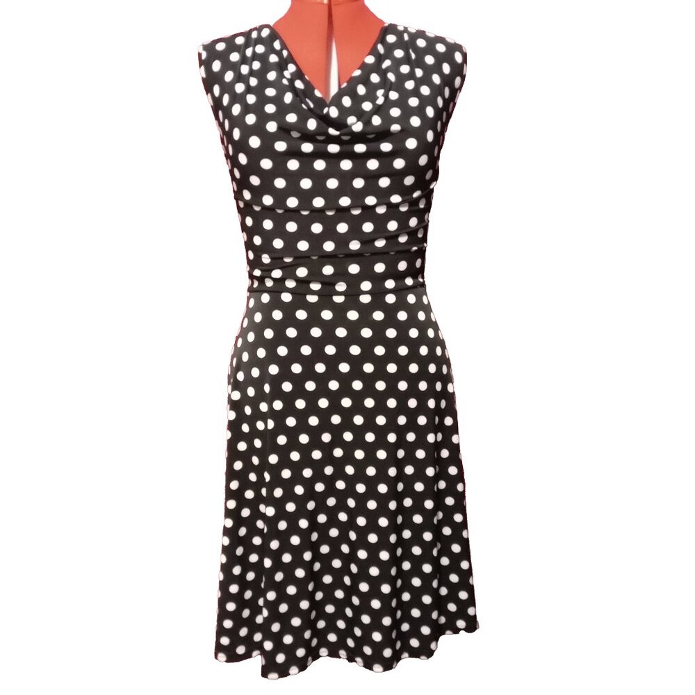 Sure Cowl Neck Black And White Polka Dot Lightweight Summer Dress US M
